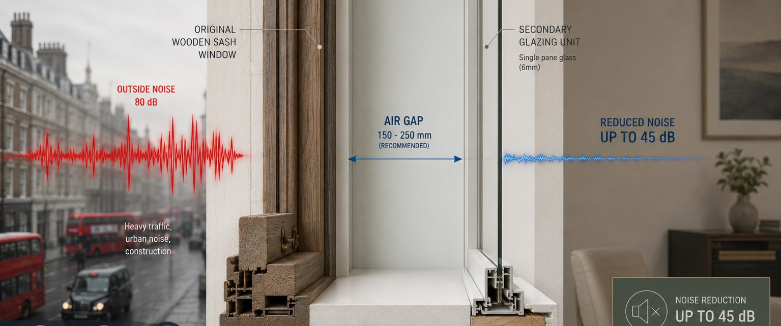Cross-section showing how acoustic secondary glazing reduces noise with a wide air-gap cavity between the original window and the secondary unit